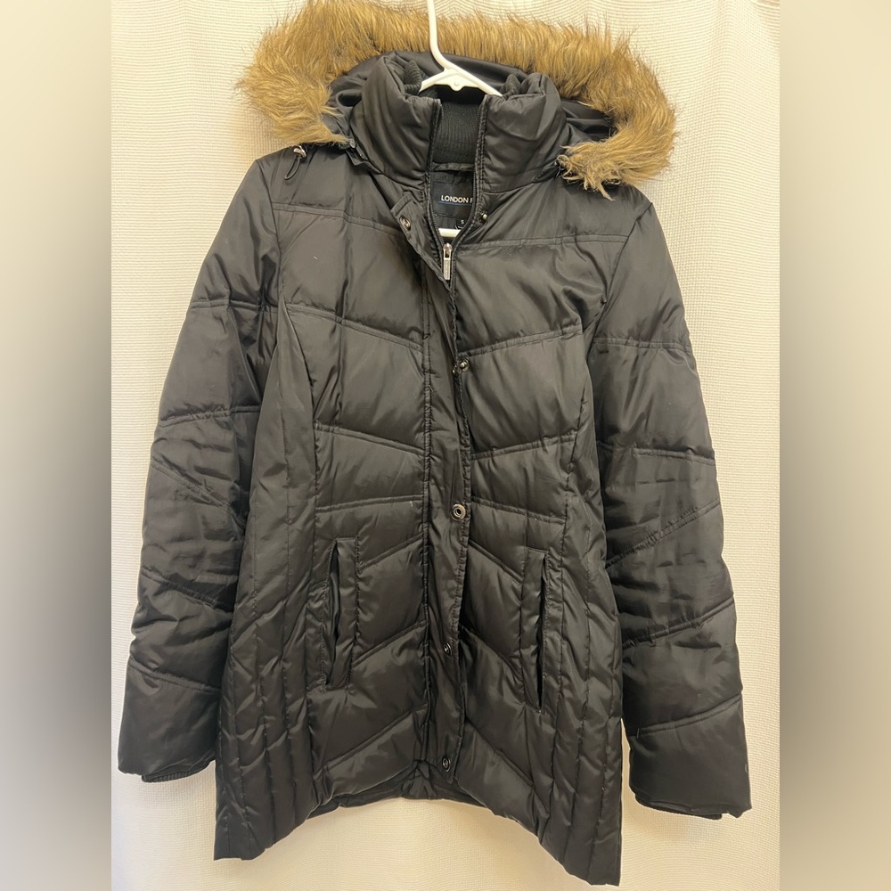 London Fog Women's Black Puffer Jacket with Faux Fur Hood